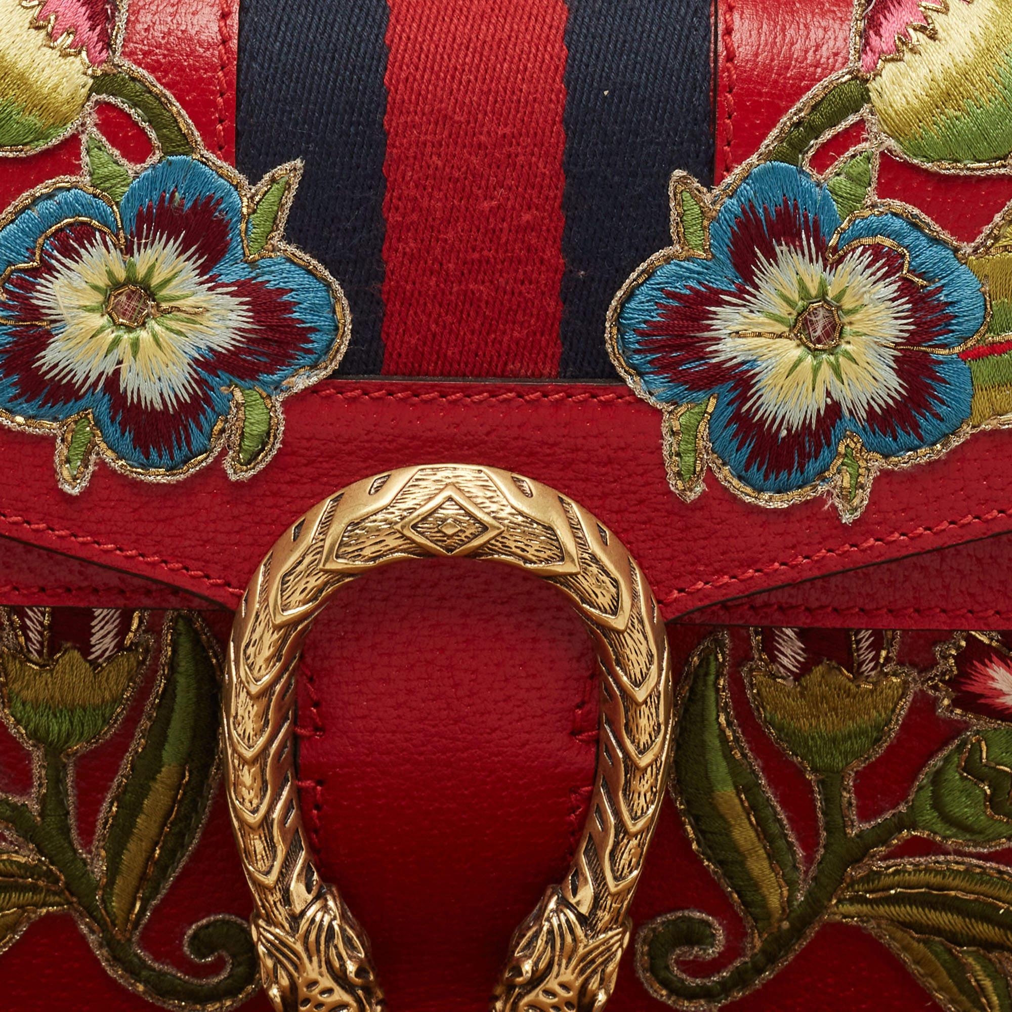 Gucci Red Floral Embroidered Leather Small Dionysus Shoulder Bag 11