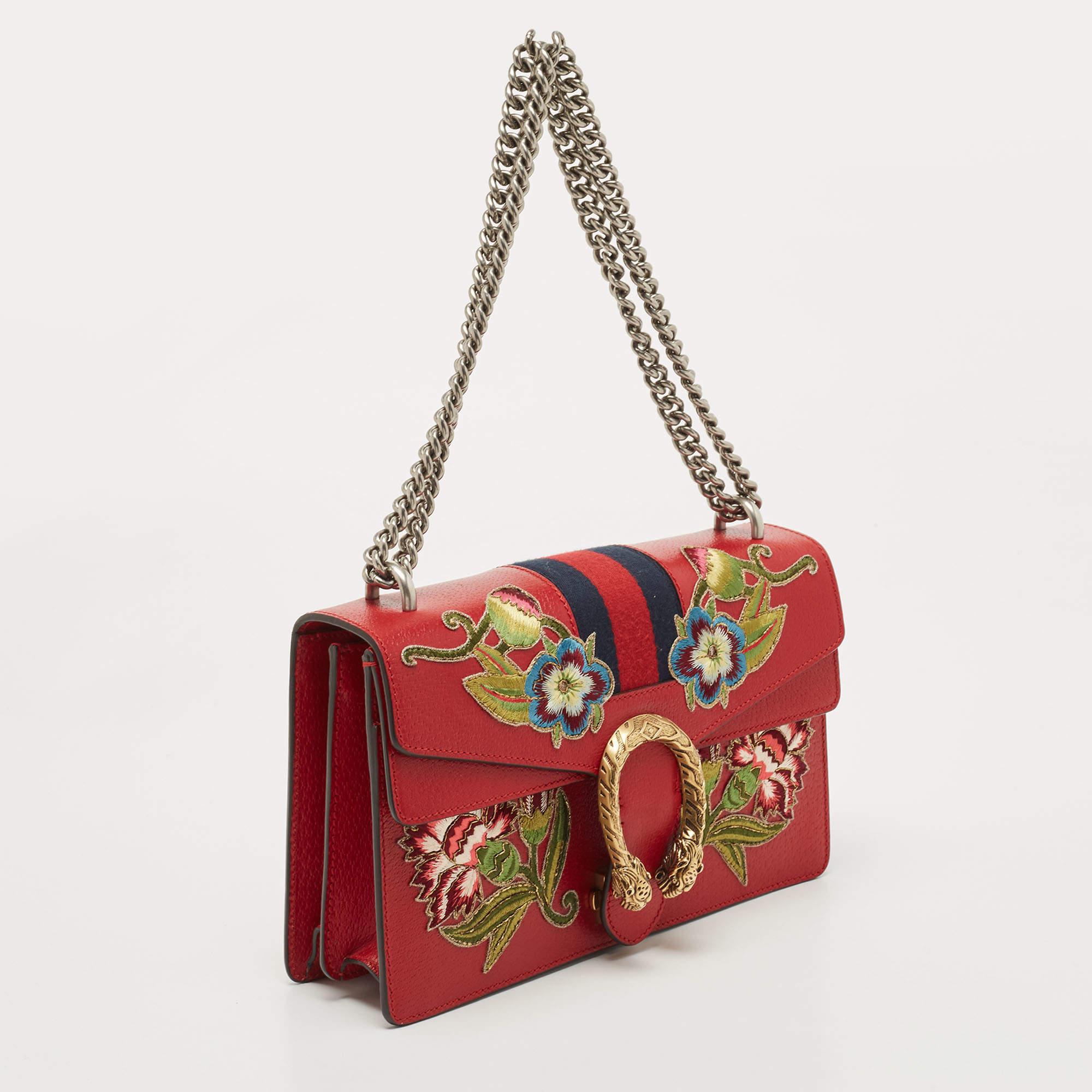 Women's Gucci Red Floral Embroidered Leather Small Dionysus Shoulder Bag