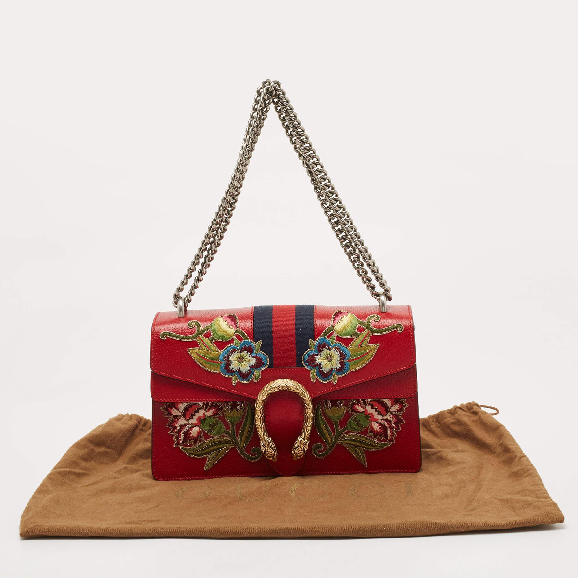 Gucci Red Floral Embroidered Leather Small Dionysus Shoulder Bag 2