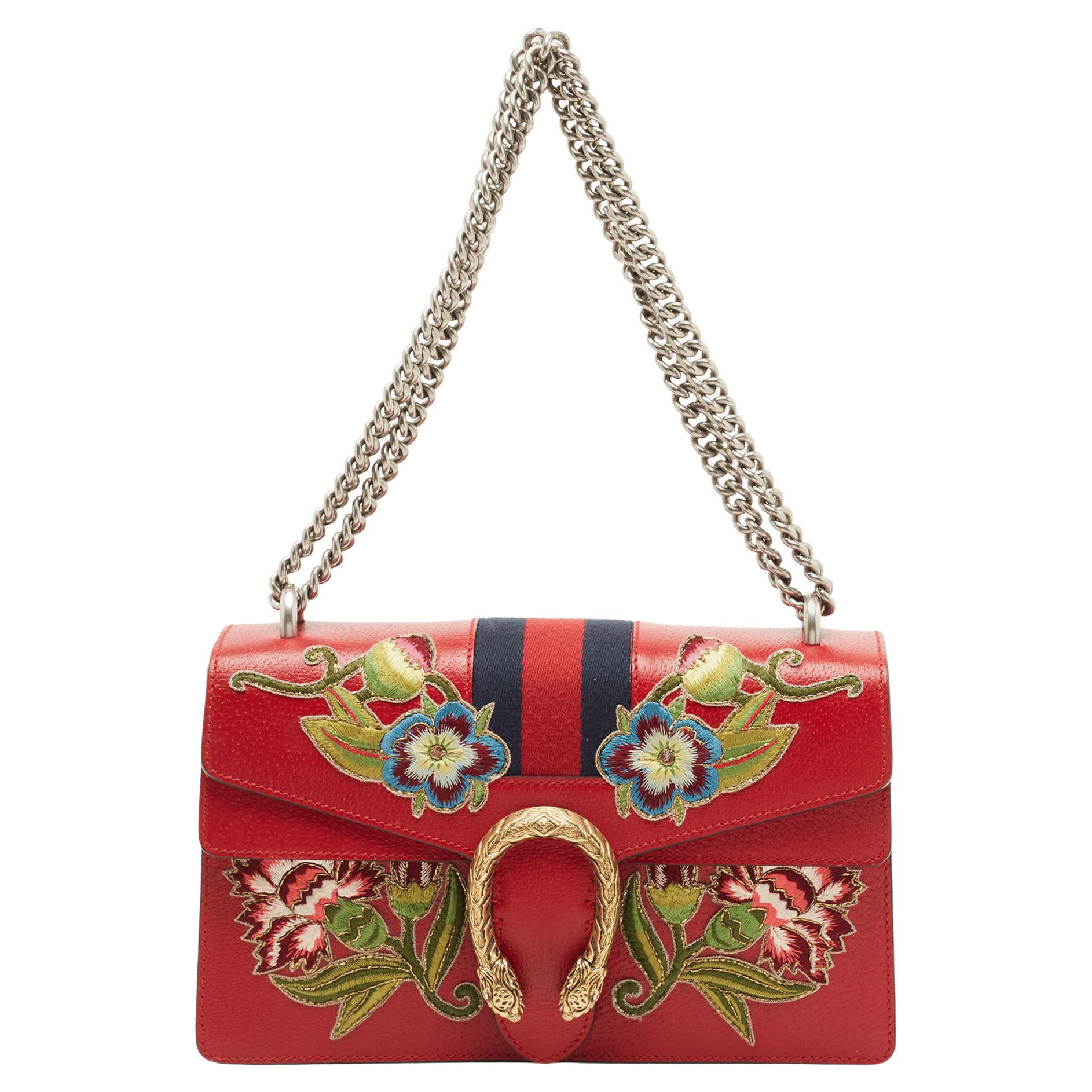 Gucci Red Floral Embroidered Leather Small Dionysus Shoulder Bag