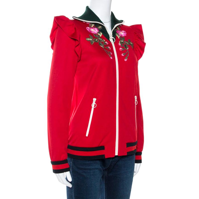 Gucci Red Floral Embroidered Ruffled Detail Technical Jacket S In Good Condition In Dubai, Al Qouz 2
