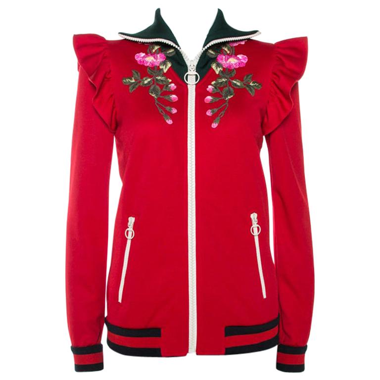 Gucci Red Floral Embroidered Ruffled Detail Technical Jacket S