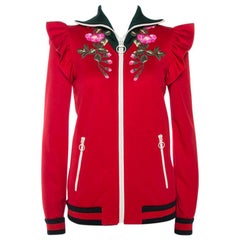 Gucci Red Floral Embroidered Ruffled Detail Technical Jacket S