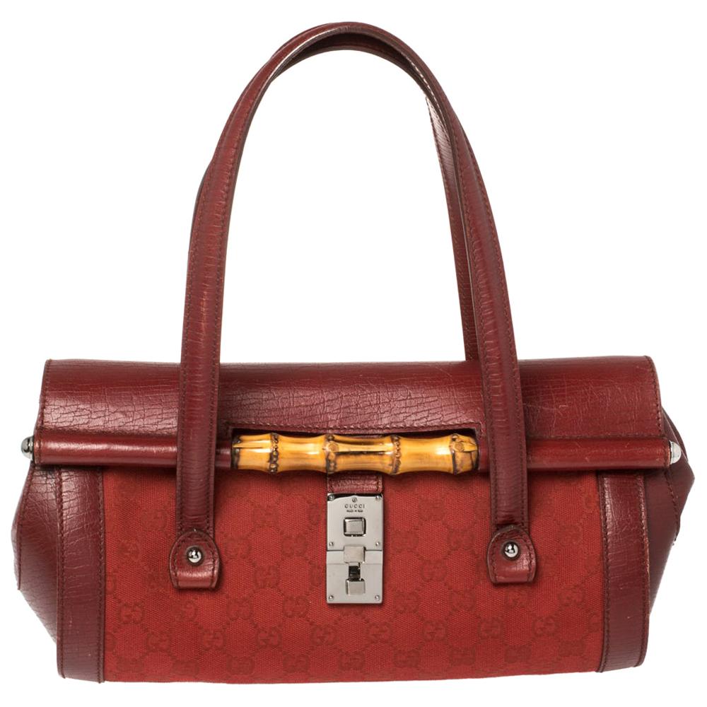 Gucci Red GG Canvas and Leather Bamboo Bullet Bag