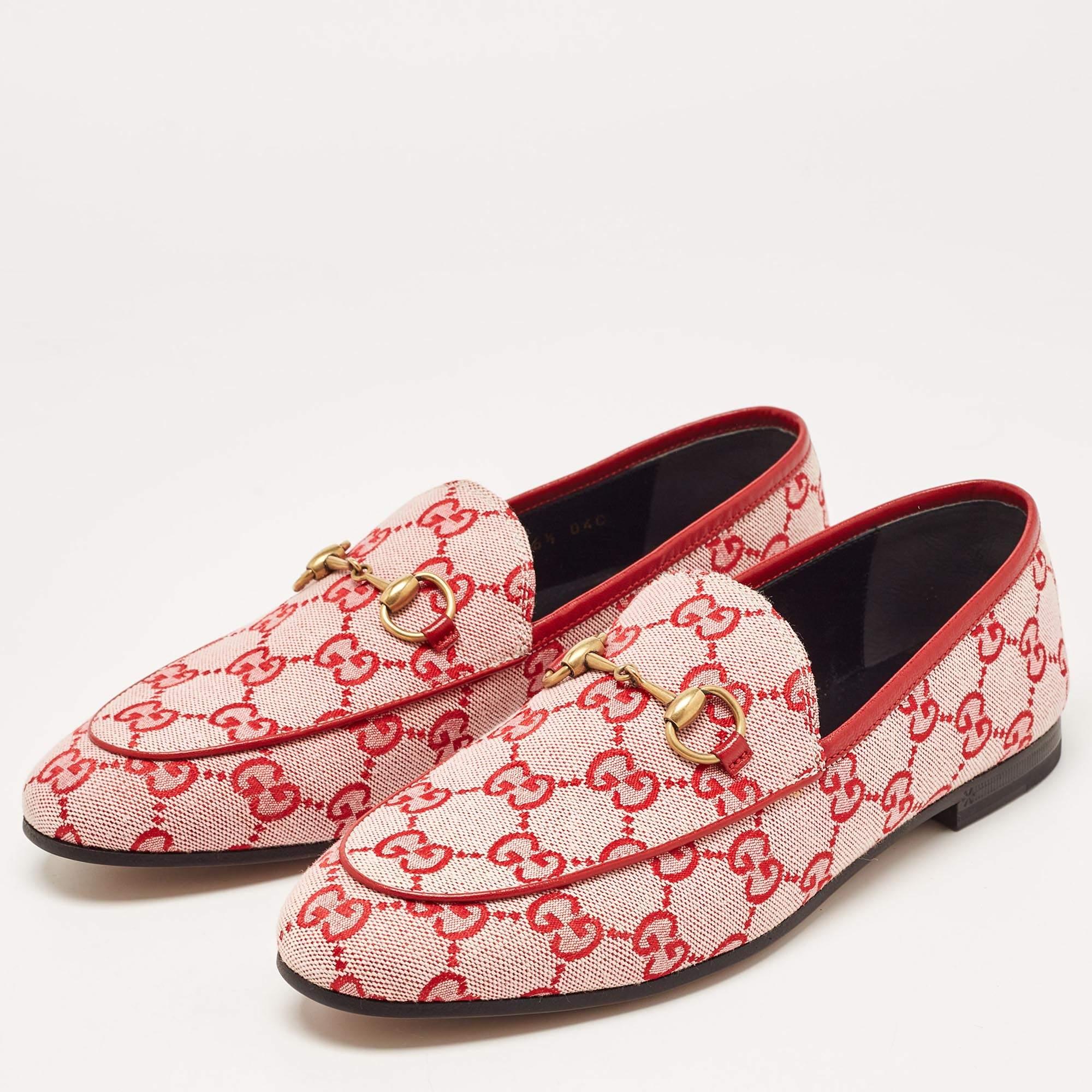 Gucci Red GG Canvas Jordaan Horsebit Loafers Size 36.5 1