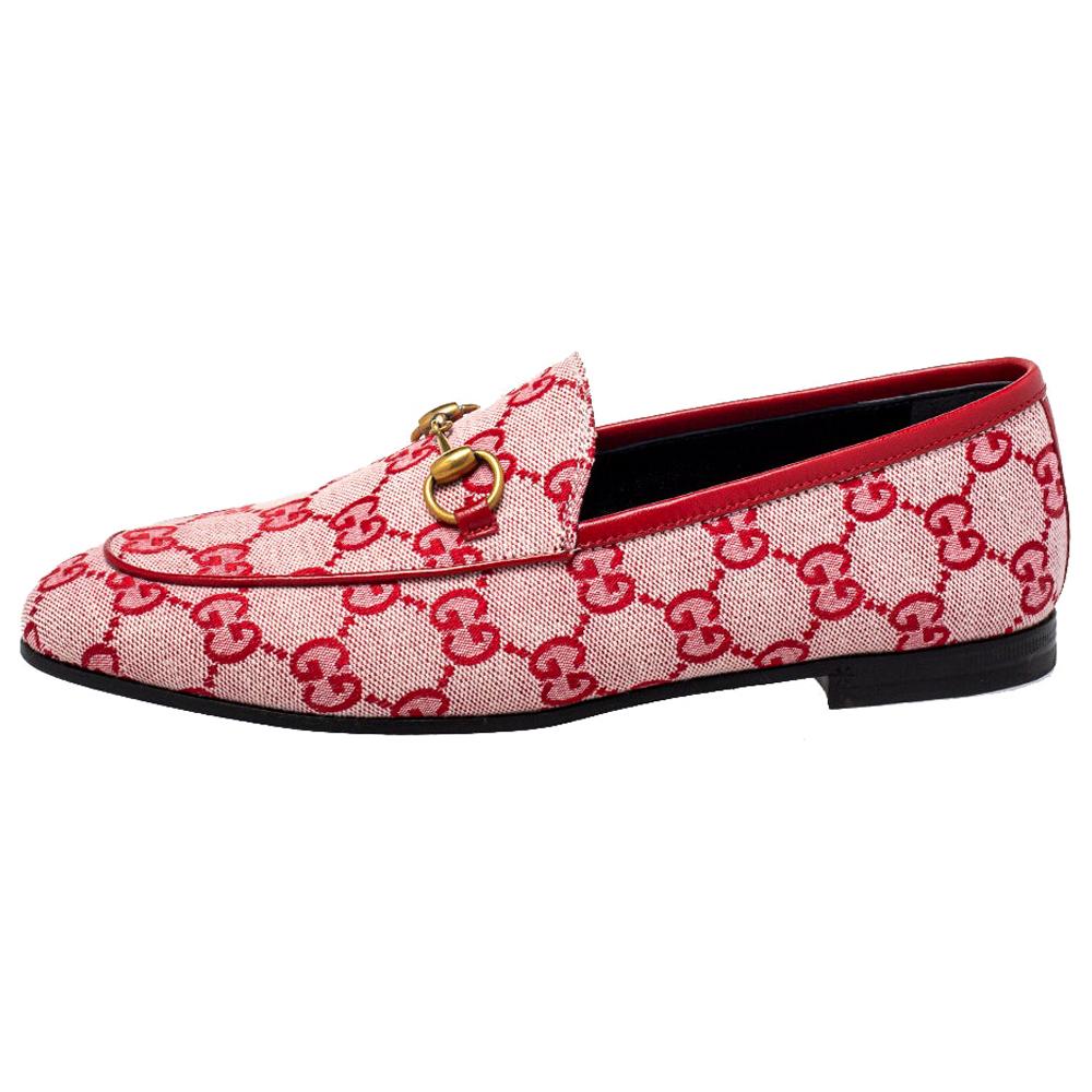 Gucci Red GG Canvas Jordaan Horsebit Loafers Size 36.5