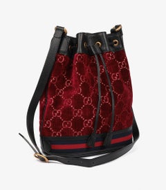 Gucci Red GG Monogram Velvet & Black Calfskin Leather Bucket Bag