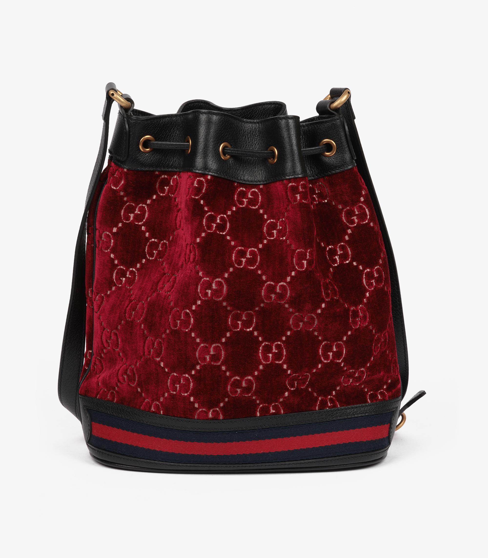 Women's or Men's Gucci Red GG Monogram Velvet & Black Calfskin Leather Bucket Bag For Sale