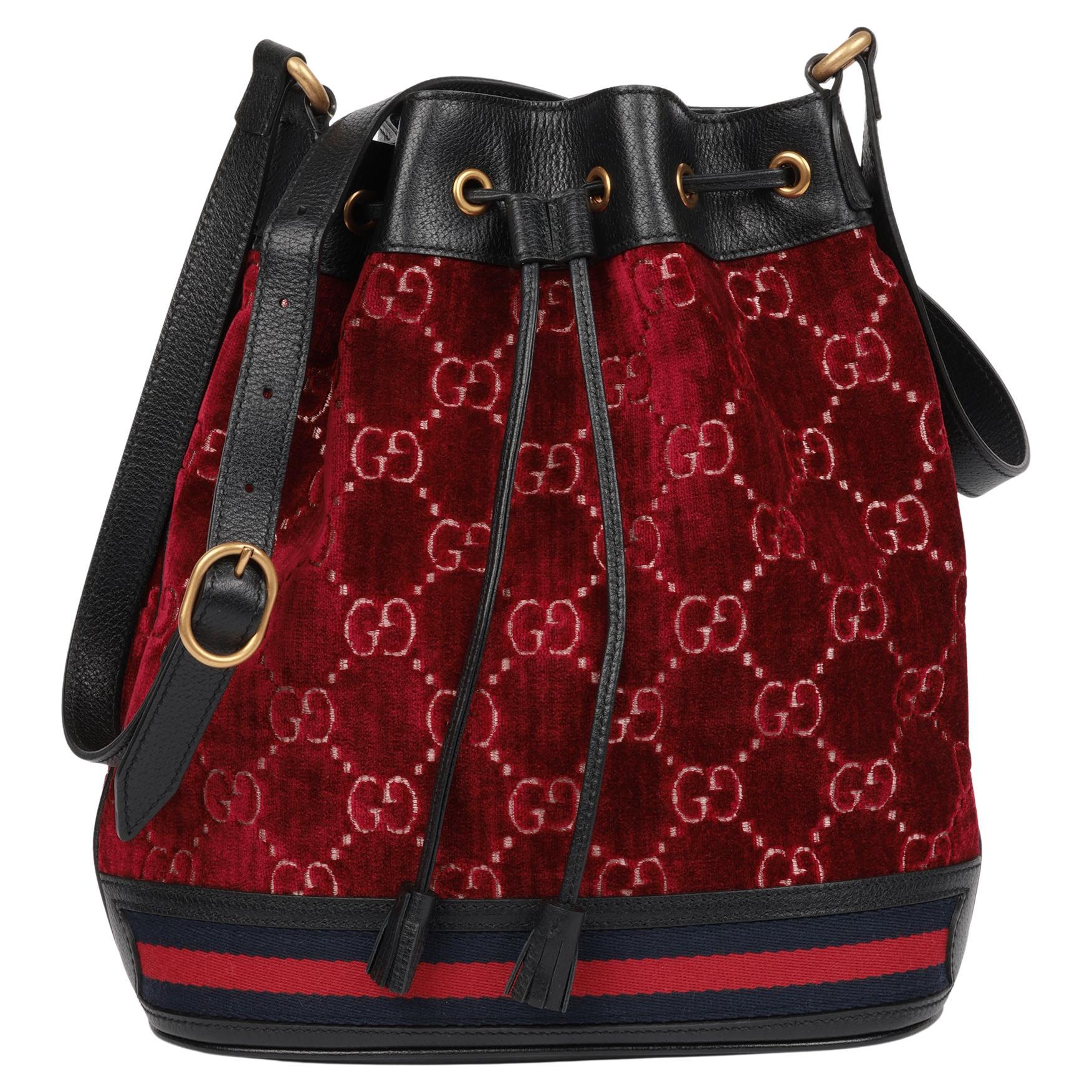 Gucci Red GG Monogram Velvet & Black Calfskin Leather Bucket Bag For Sale
