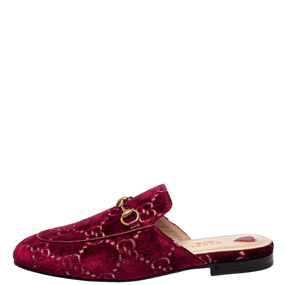 Women's Gucci Red GG Velvet And Leather Princetown Mules Size 39