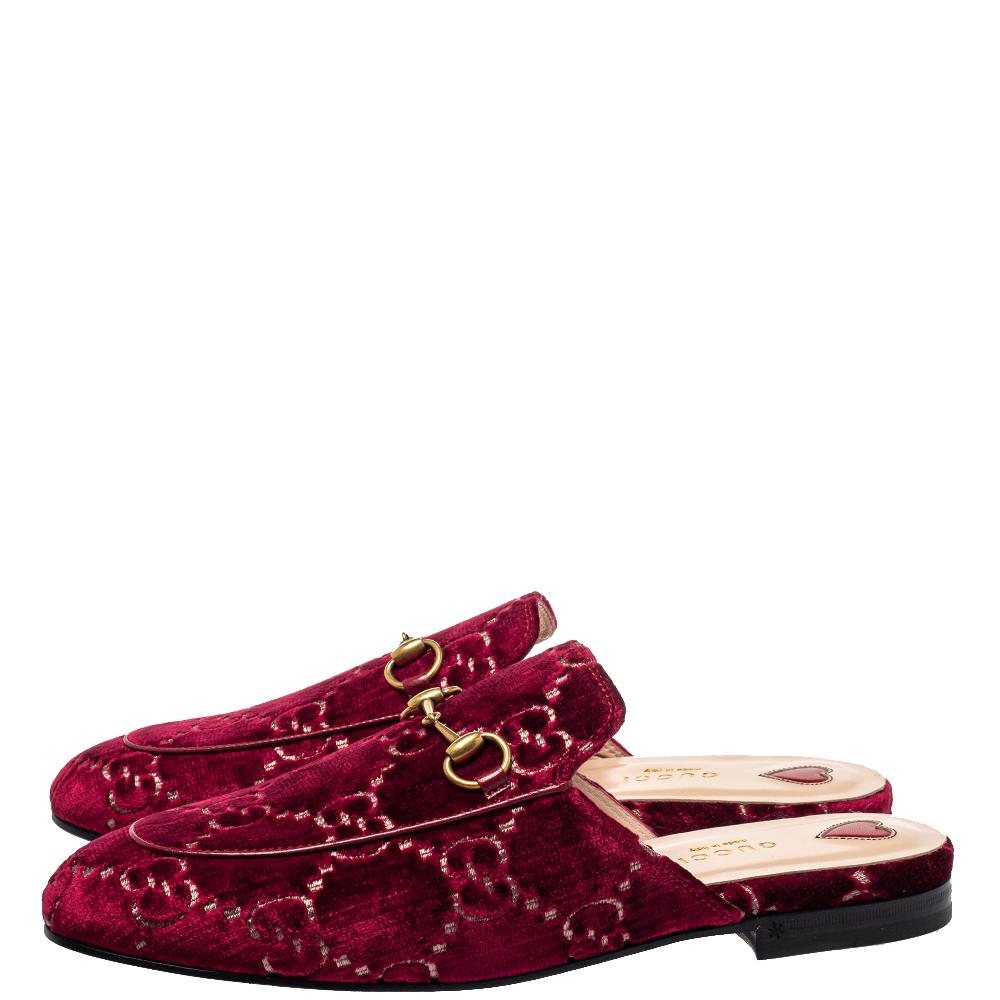 Gucci Red GG Velvet And Leather Princetown Mules Size 39 2