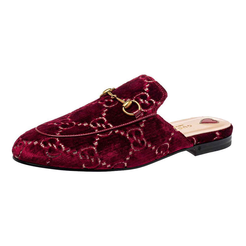 Gucci Red GG Velvet And Leather Princetown Mules Size 39