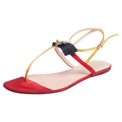 Gucci Red-Gold Suede And Leather Moody Bow Thong Flats Size 41