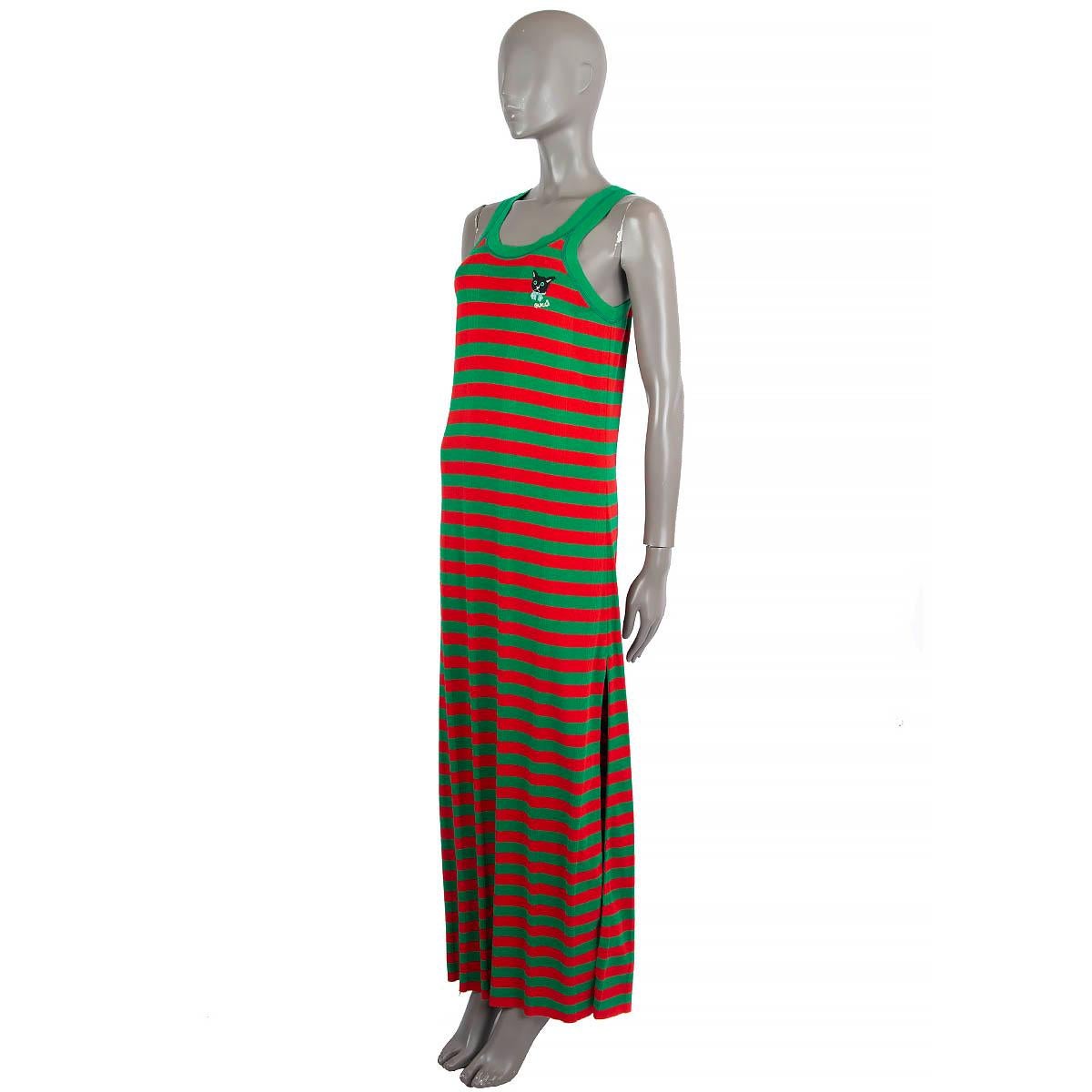 100% authentic Gucci maxi dress in green and red striped cotton jersey (100%) missing tag. Features a scoop neck and cat patch on the front. Has been worn and is in excellent condition.

2021 Spring/Summer

Measurements
Tag Size	M
Size	M
Shoulder