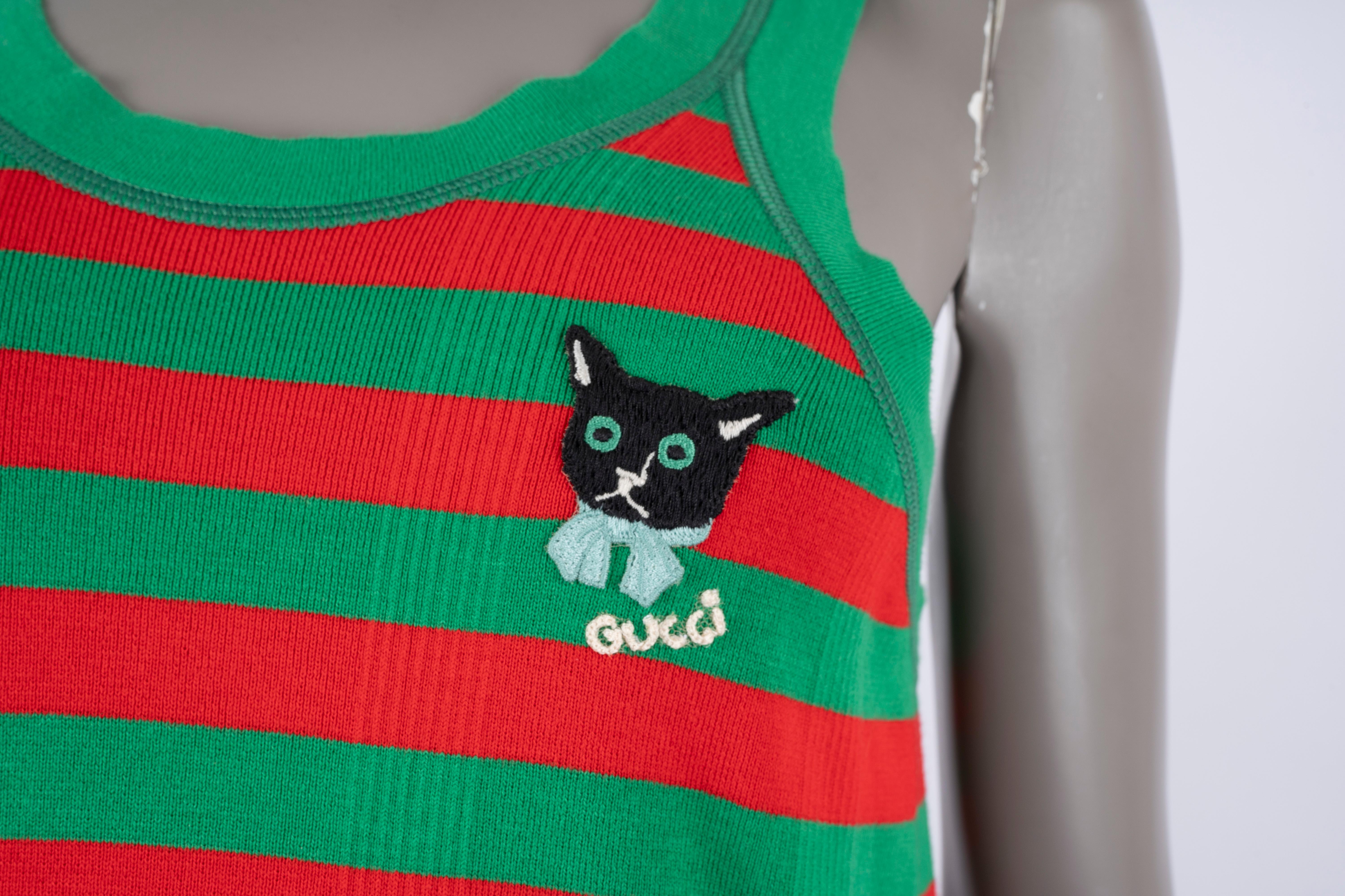 Women's GUCCI red & green cotton jersey 2021 STRIPED CAT PATCH MACI Knit Dress M For Sale