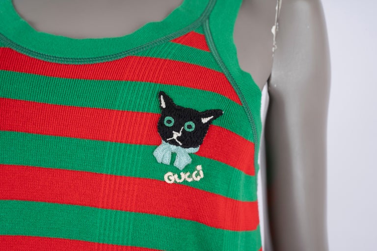 GUCCI red and green cotton jersey 2021 STRIPED CAT PATCH MACI Knit Dress M  For Sale at 1stDibs