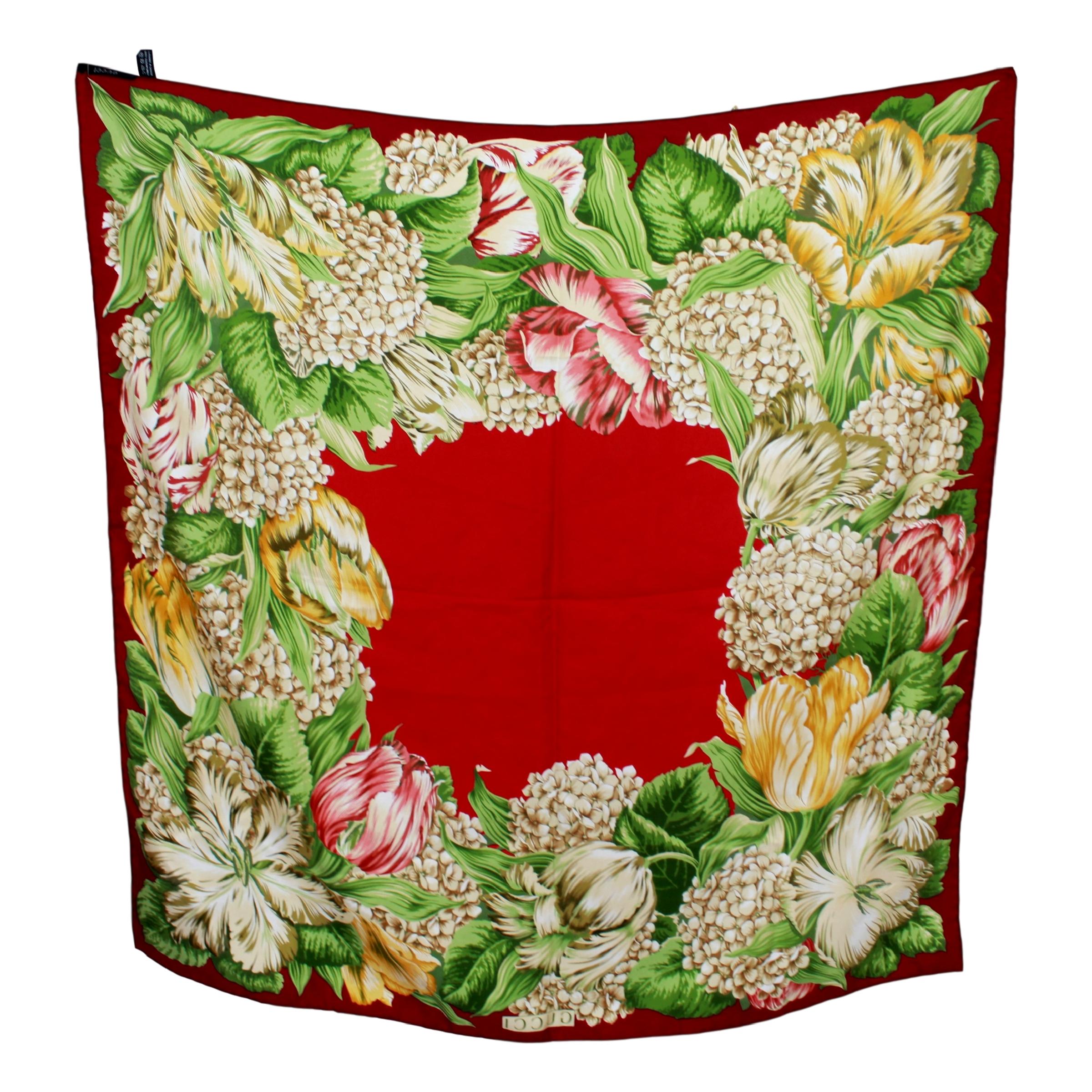 Women's Gucci Red Green Floral Scarves 1990s 