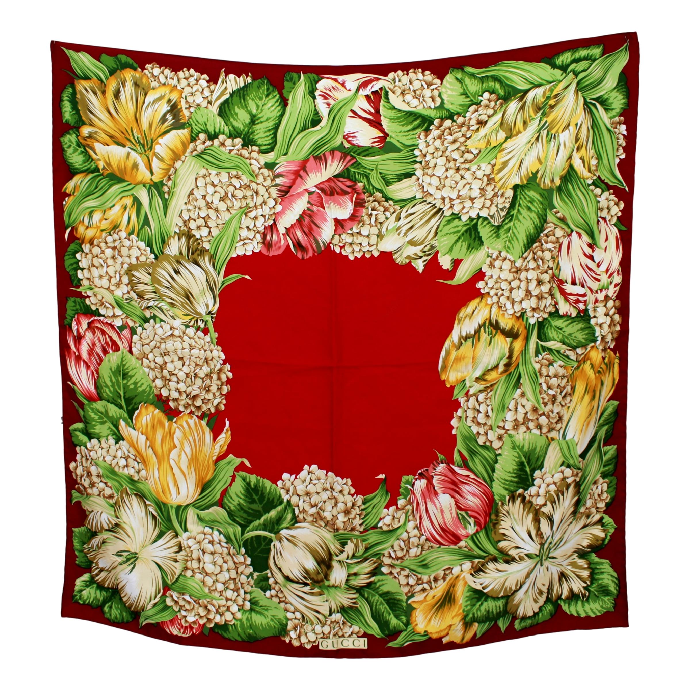 Gucci Red Green Floral Scarves 1990s 