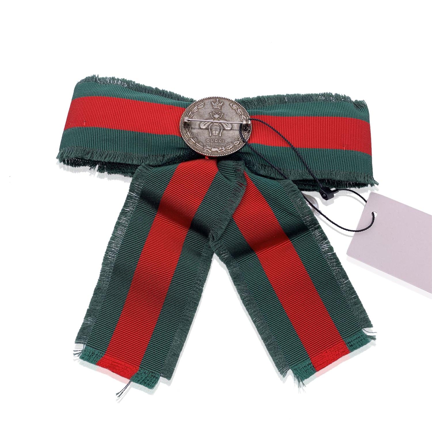 Women's Gucci Red Green Grosgrain Bow Brooch Pin with Pearls and Crystals