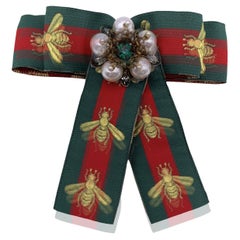 Gucci Red Green Grosgrain Bow Brooch Pin with Pearls and Crystals