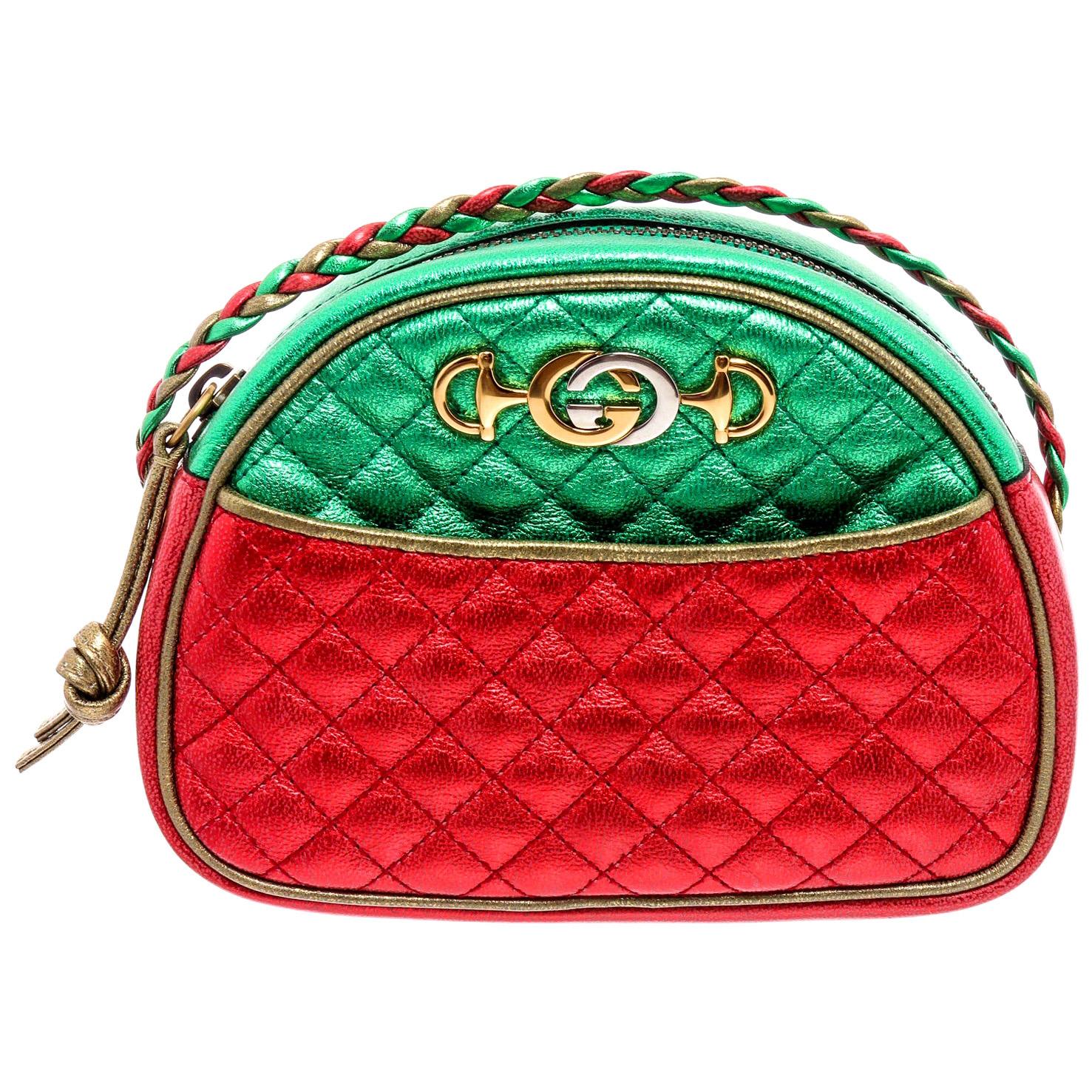 Gucci Red and Green Metallic Calfskin Mini Trapuntata Dome Shoulder Bag Gold and Silver Hardware