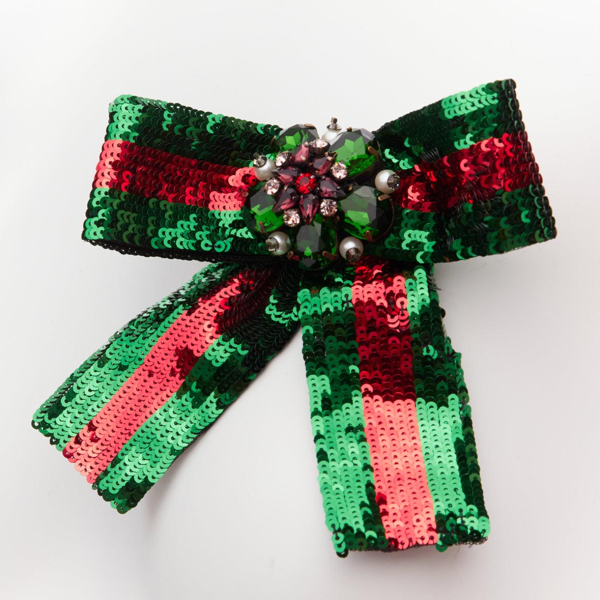 GUCCI red green signature web sequins crystal bead embellished bow brooch