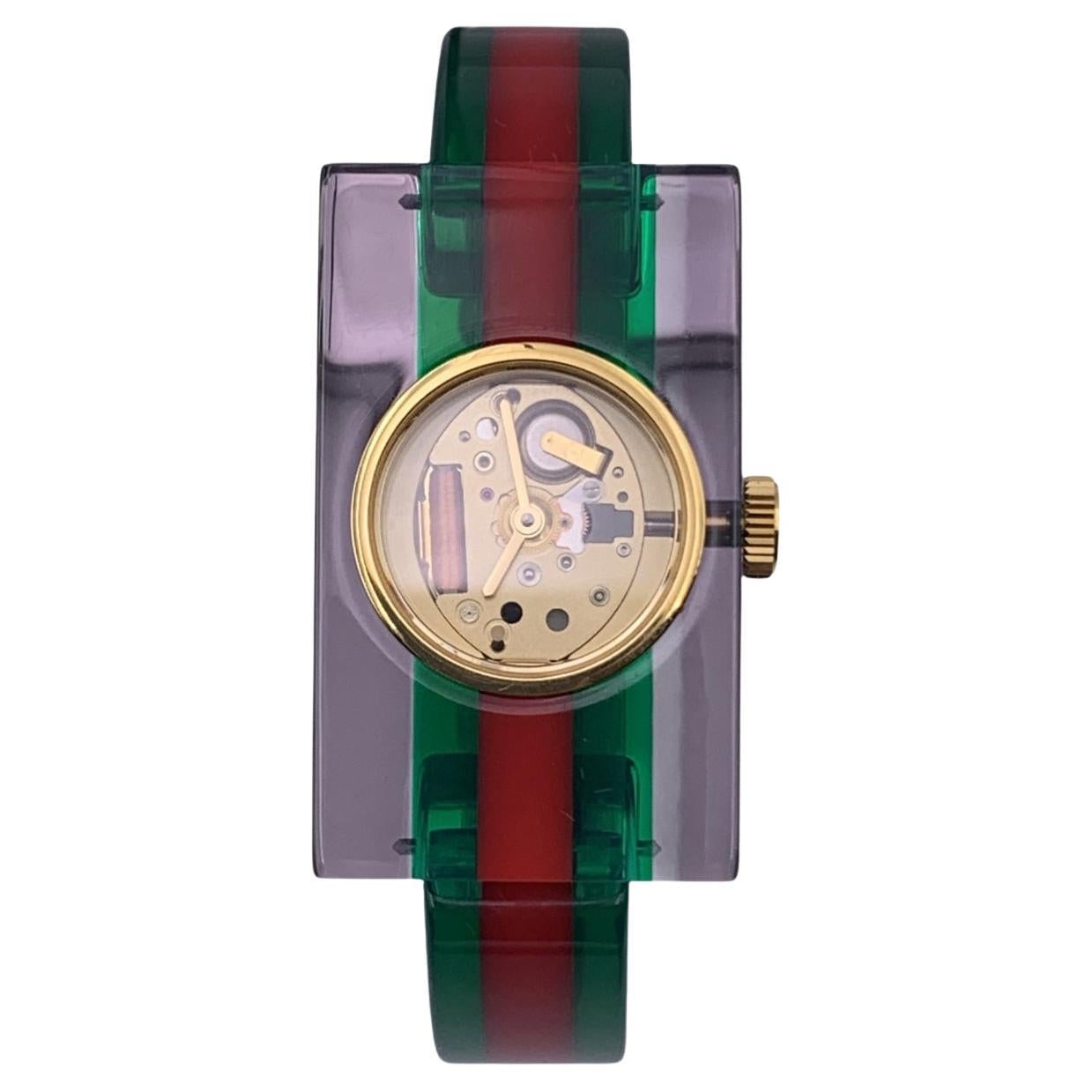 Gucci Red Green Striped Plexi Web Watch 143.5 Skeleton Dial