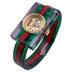 Gucci Red Green Striped Plexi Web Watch 143.5 Skeleton Dial