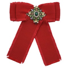  Gucci Red Grosgrain Bow Brooch Pin with Green Crystals