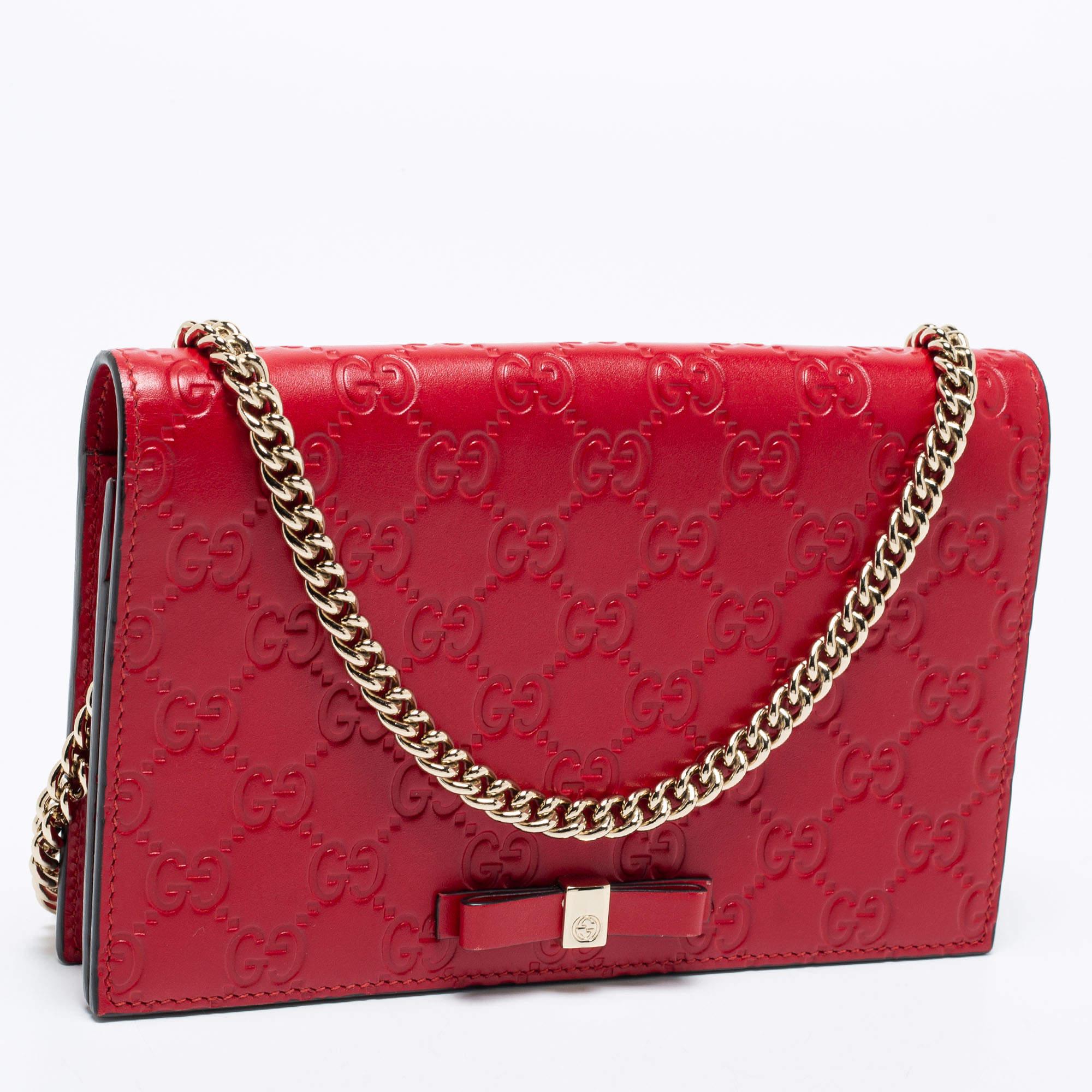 Women's Gucci Red Guccissima Leather Flap Wallet on Chain