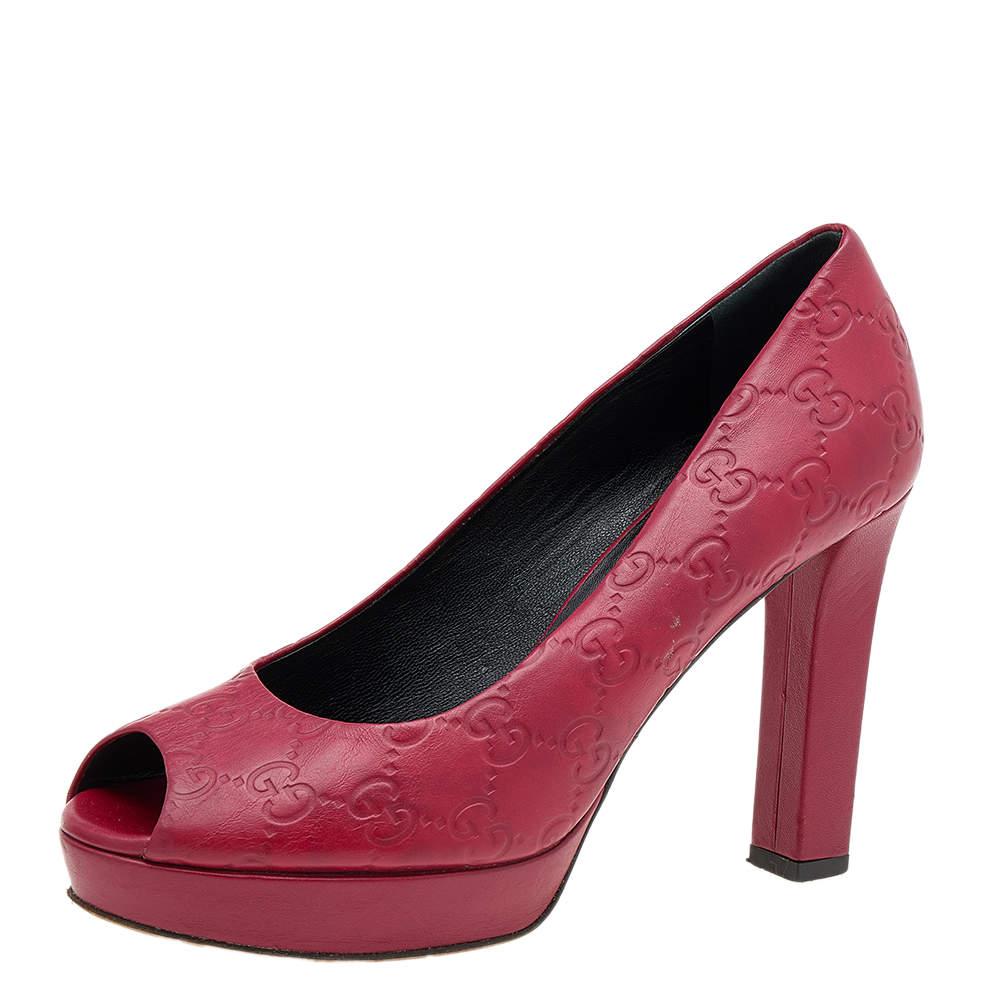Gucci Red Guccissima Leather Peep Toe Platform Pumps Size 37.5 For Sale 3