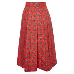 Gucci Red Horsebit Print Cotton Pleated Midi Skirt S