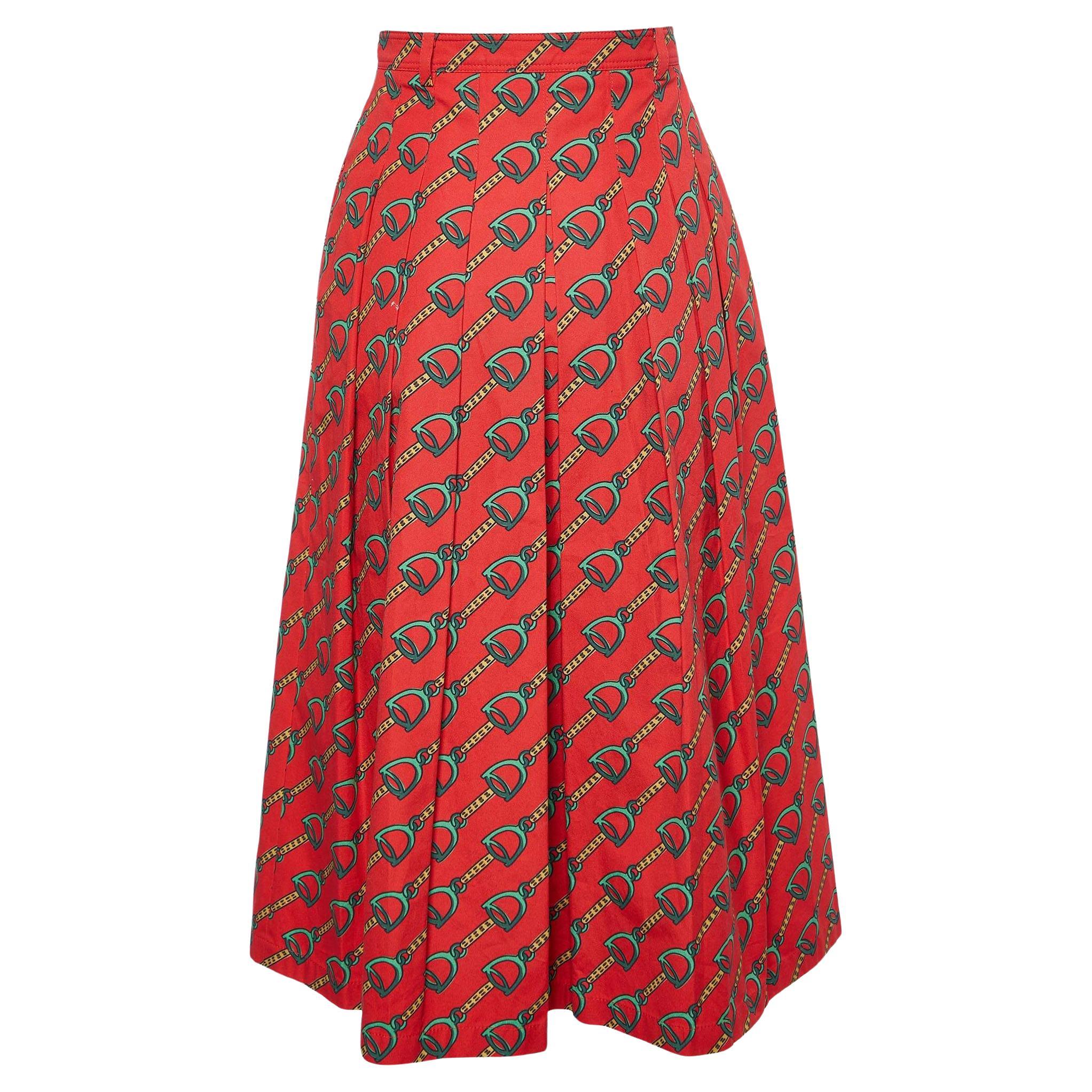 Gucci Red Horsebit Print Cotton Pleated Midi Skirt S