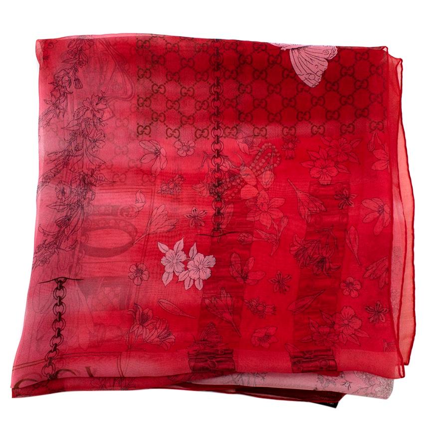 Gucci Red House Staples Print Sheer Silk Shawl For Sale 3