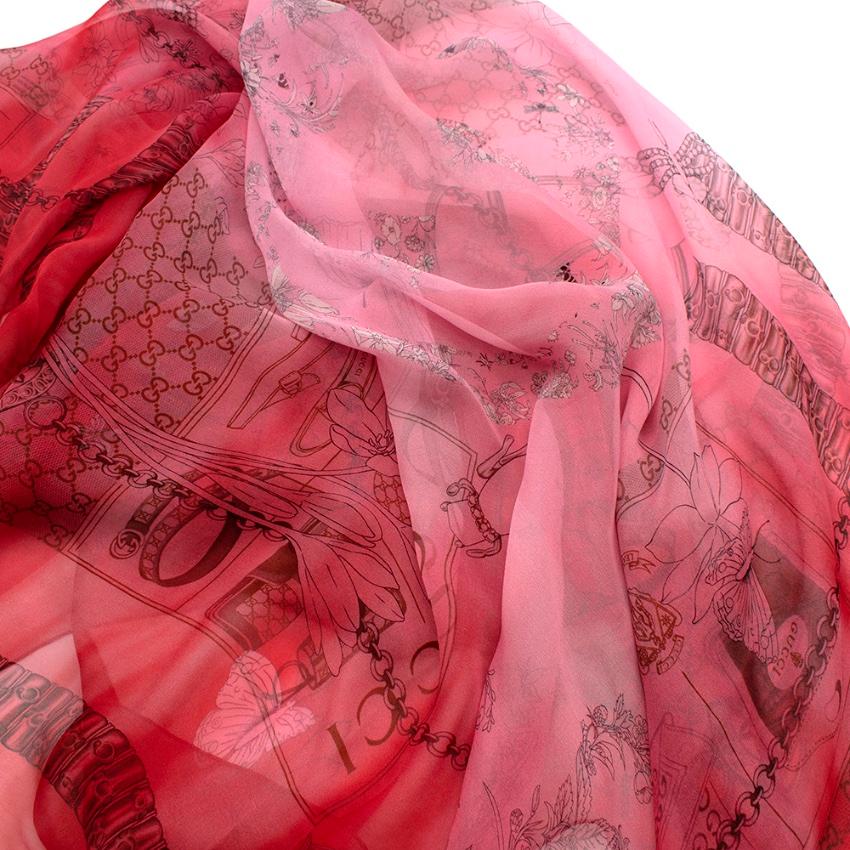Gucci Red House Staples Print Sheer Silk Shawl In Excellent Condition For Sale In London, GB