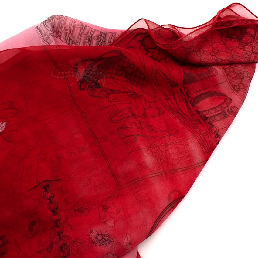 Gucci Red House Staples Print Sheer Silk Shawl For Sale 2