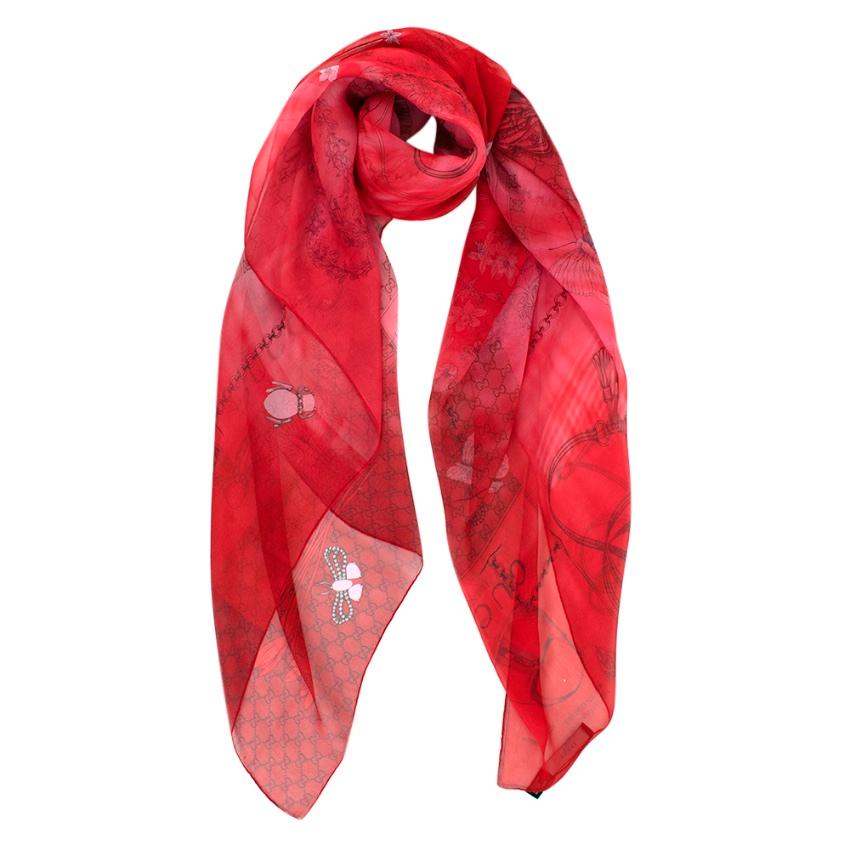 Gucci Red House Staples Print Sheer Silk Shawl For Sale