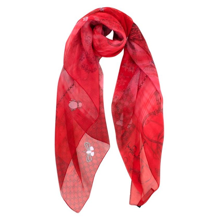Gucci Red House Staples Print Sheer Silk Shawl For Sale at 1stDibs | gucci  red scarf