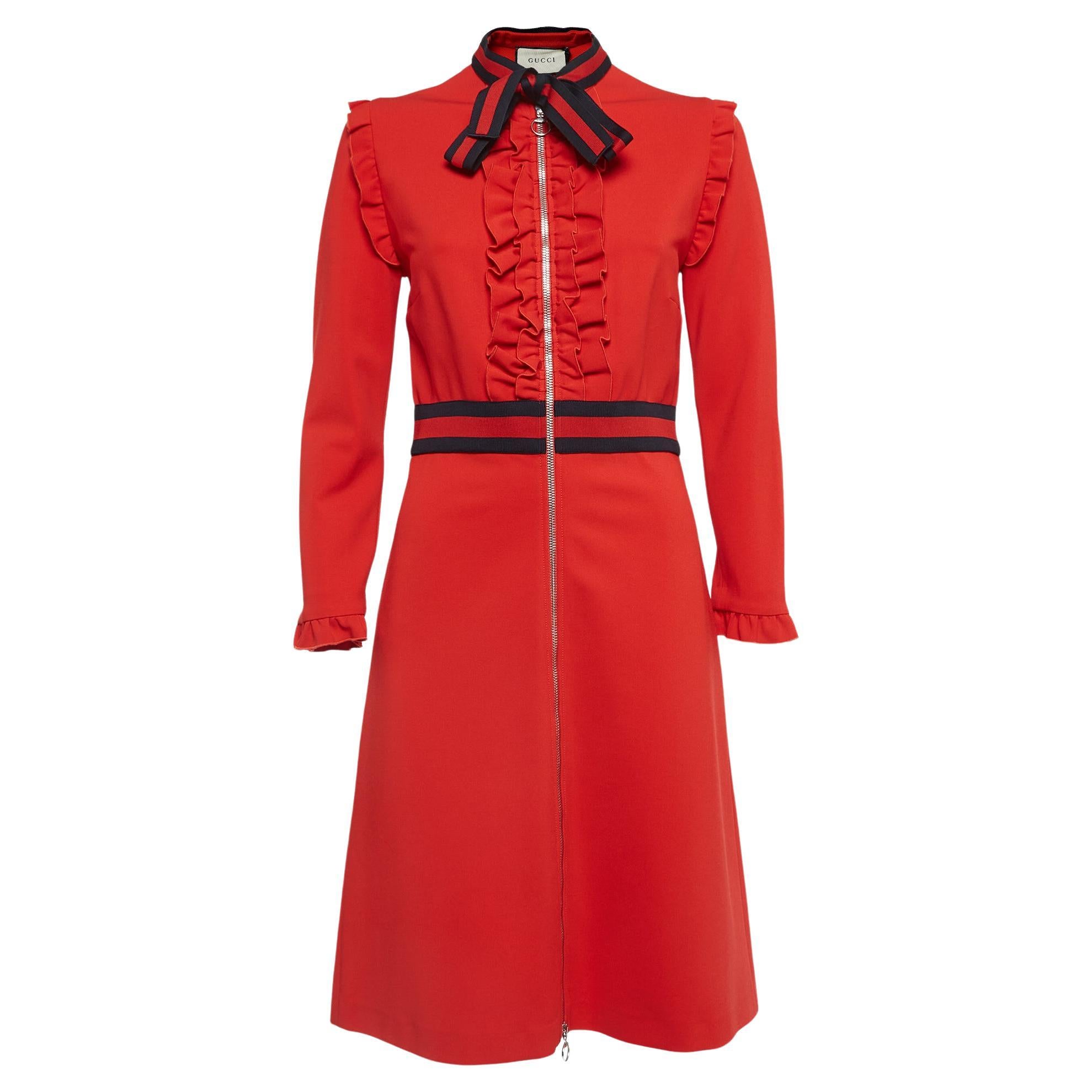 Gucci Red Jersey Tie Neck Ruffled Dress L