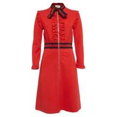 Used Gucci Red Jersey Tie Neck Ruffled Dress L