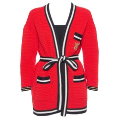 Gucci Red Knit Contrast Trim Detail Open Front Belted Cardigan S