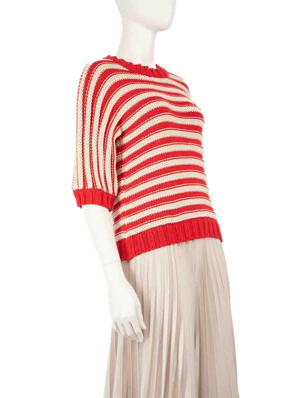 CONDITION is Very good. Hardly any visible wear to the jumper is evident on this used Gucci designer resale item.
 
 
 
 Details
 
 
 Red
 
 Cotton
 
 Top
 
 Striped pattern
 
 Knitted
 
 Mid sleeves
 
 Round neck
 
 Embroidered anchor detail
 
 
 
