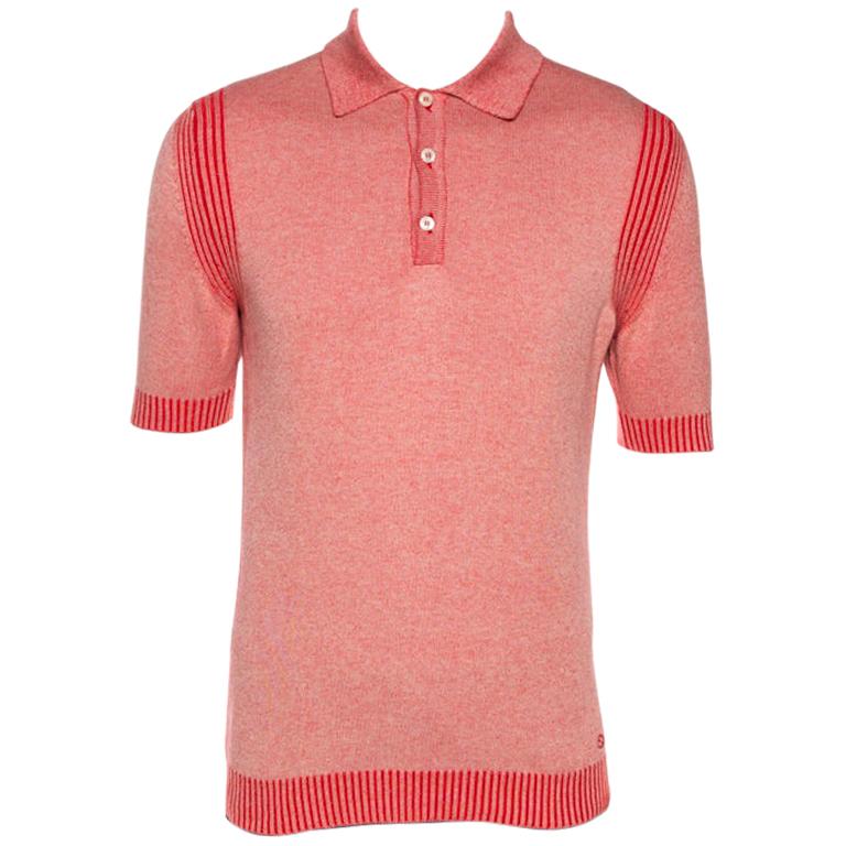 Gucci Red Knit Washed Out Effect Polo T-Shirt L