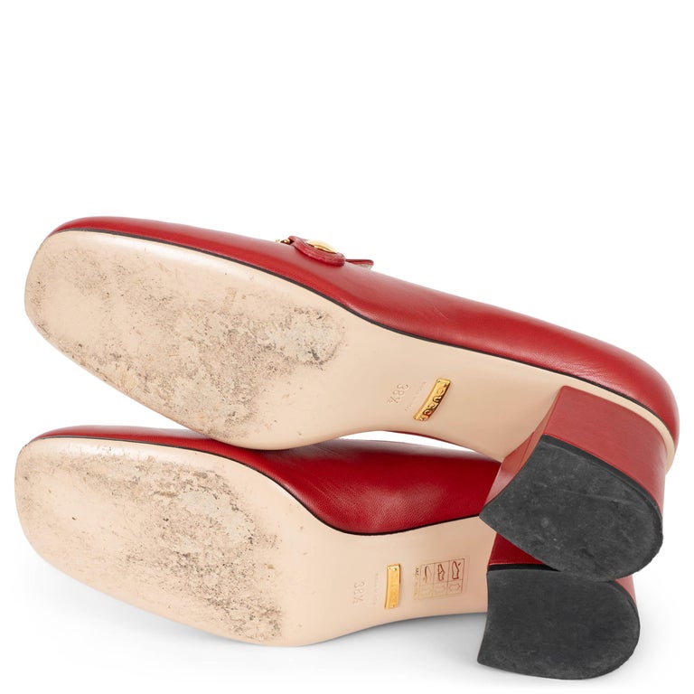 red gucci dress shoes high heel with a back strap in a luxurious glossy color Sylvie Web across vamp Gucci Red Leather Foldable Horsebit