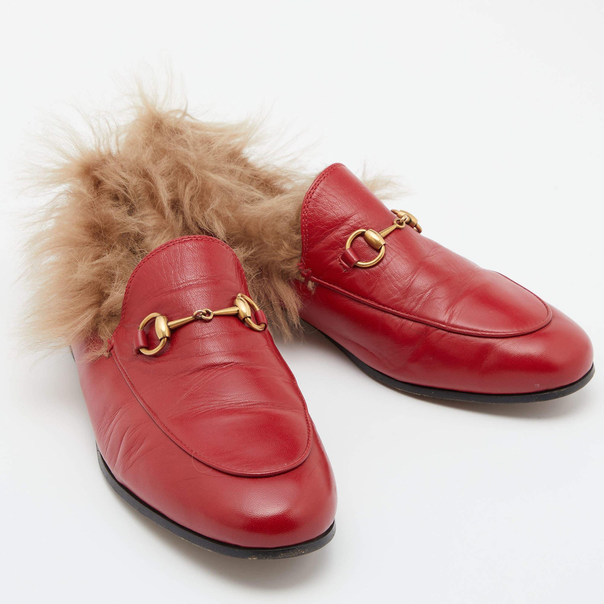 Women's Gucci Red Leather and Fur Princetown Mules Size 39.5
