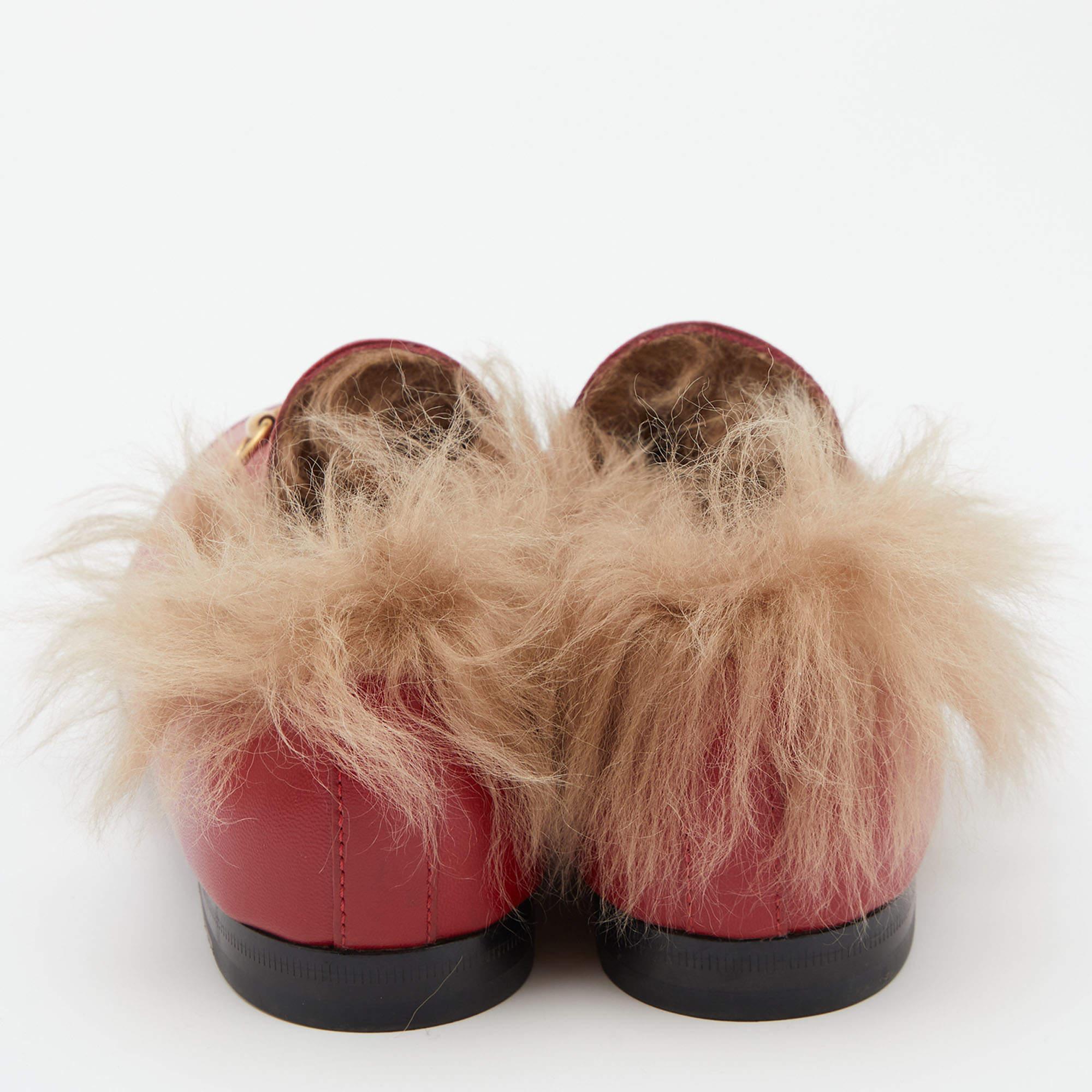 Gucci Red Leather and Fur Princetown Mules Size 39.5 1