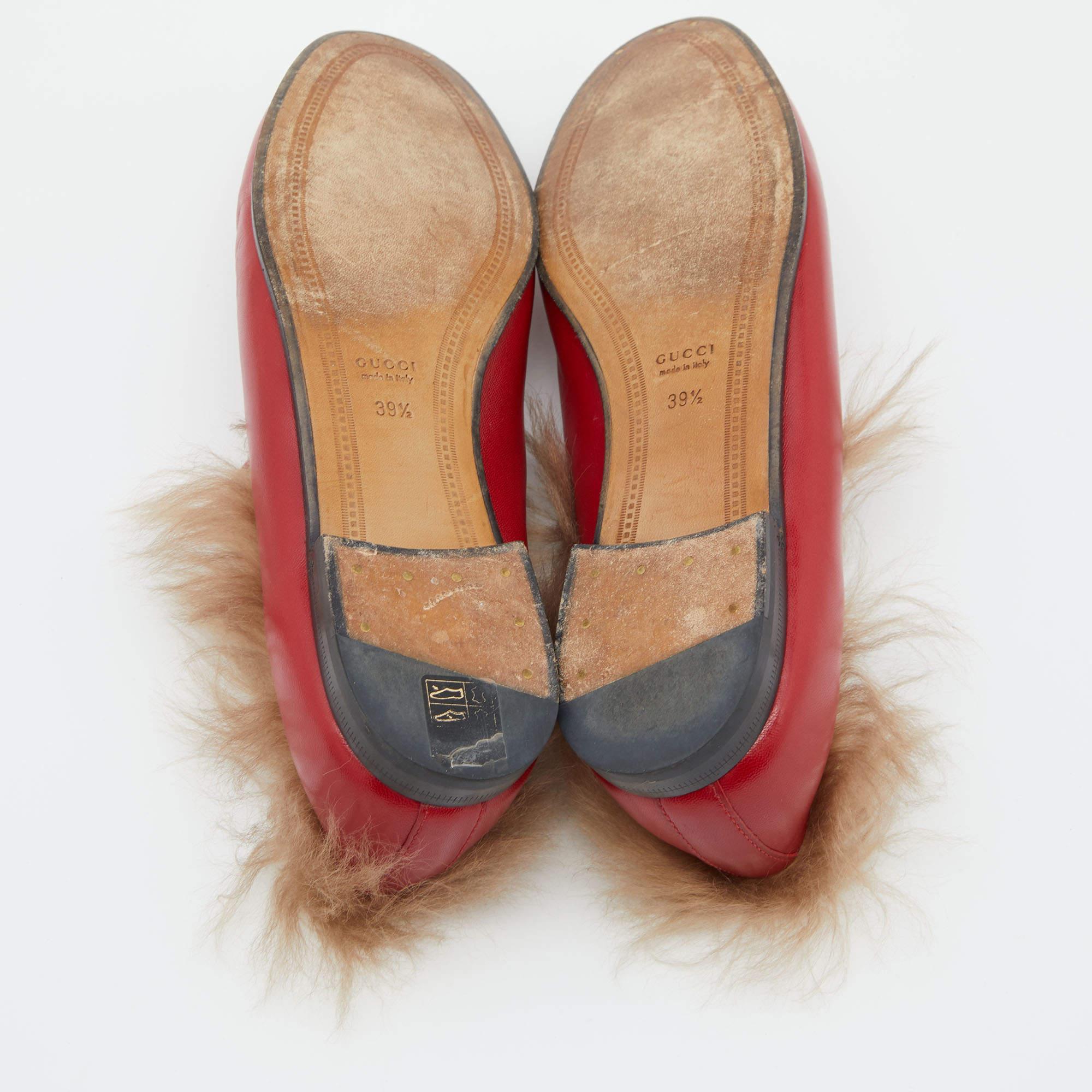 Gucci Red Leather and Fur Princetown Mules Size 39.5 2