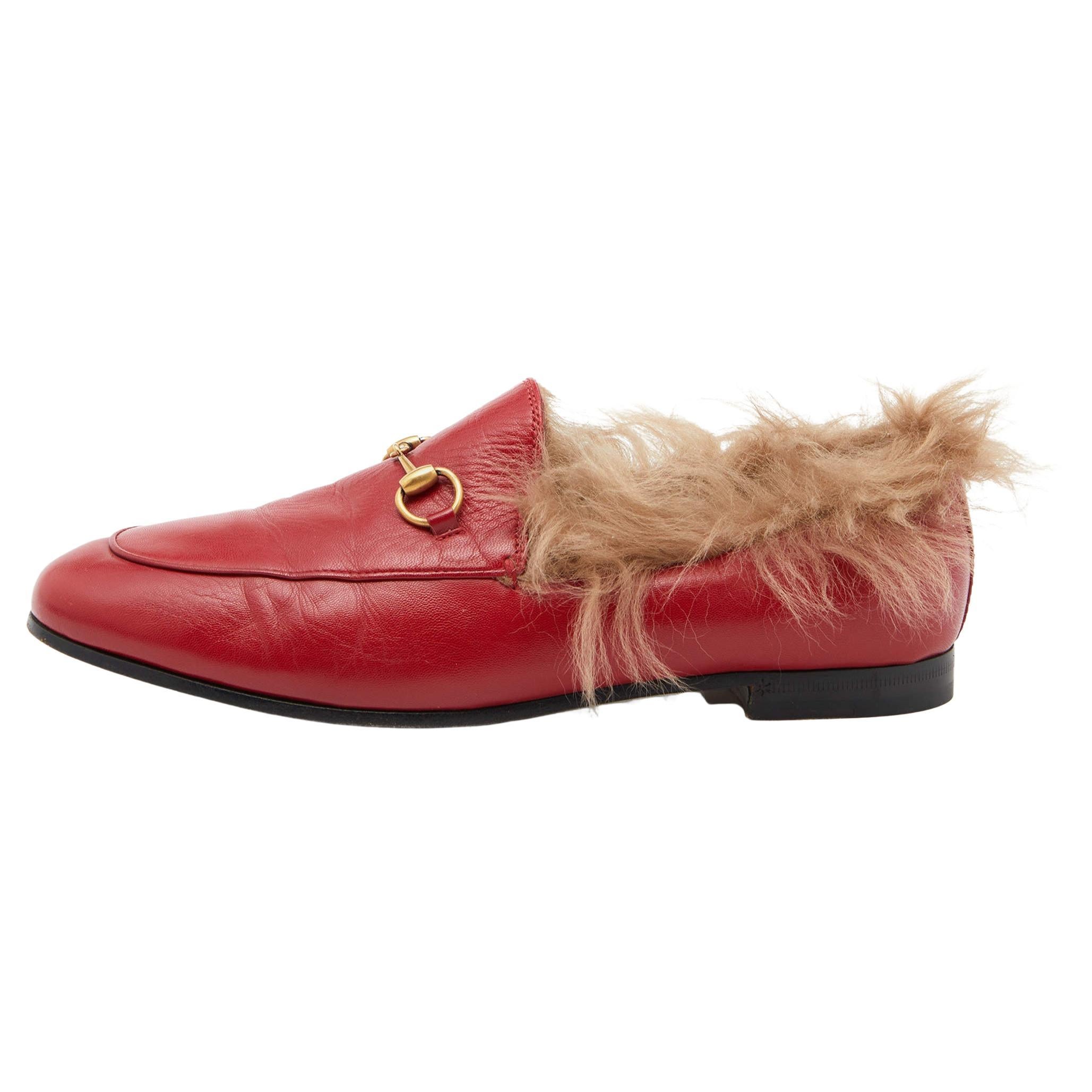 Gucci Red Leather and Fur Princetown Mules Size 39.5 For Sale at 1stDibs |  red shoes gucci