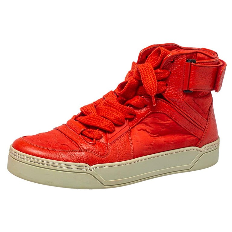 Snor Monopoly Jaar Gucci Red Leather and Nylon Guccissima High Top Sneakers Size 43 at 1stDibs
