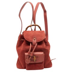 Gucci Red Leather and Suede Bamboo Backpack